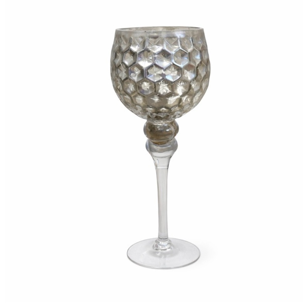 Smoked Glass Honeycomb Candle Holder on Pedestal Stem 12" tall goblet style